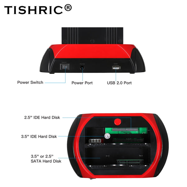 TISHRIC USB 2.0/3.0 To IDE SATA Dual HDD Docking Station Base Hard Disk Enclosure For 2.5/3.5 Inch Hard Drive Docking Station